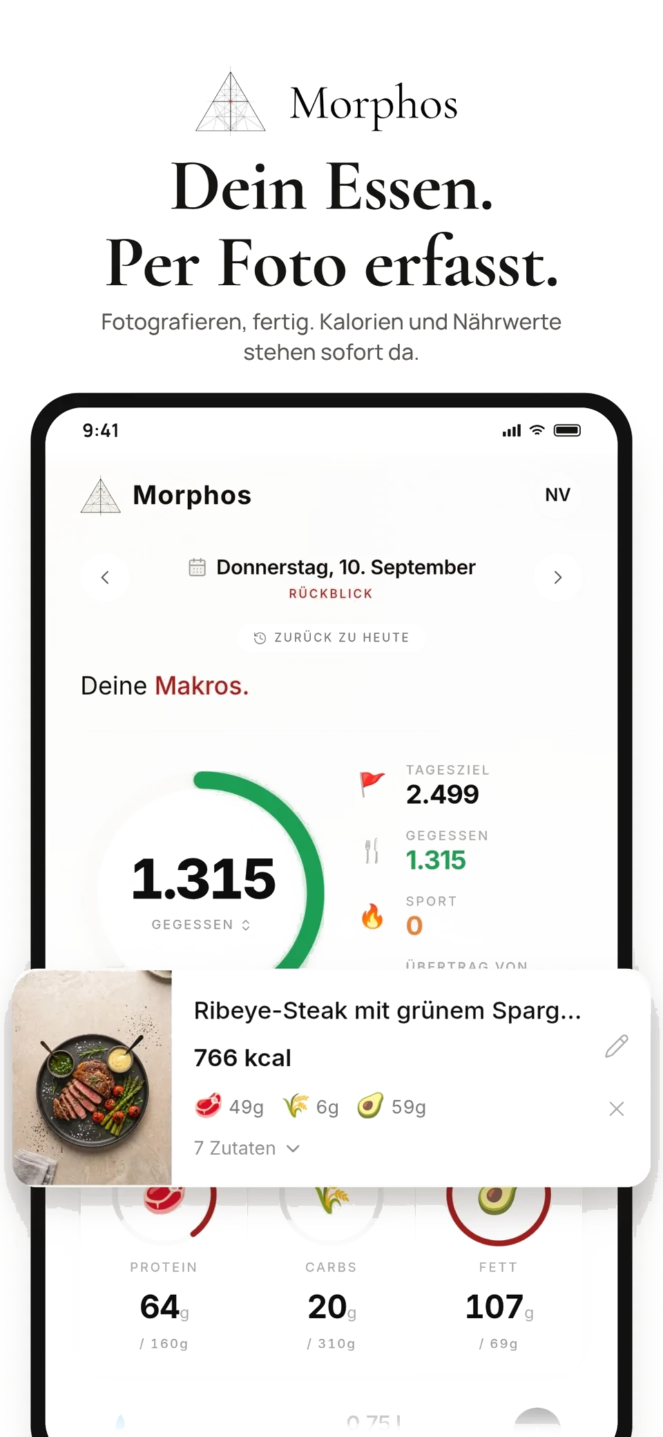 Morphos App mit Kalorienübersicht und einer per Foto erfassten Mahlzeit
