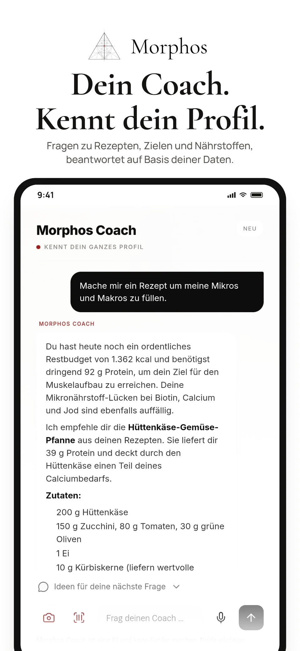 Morphos Coach mit einer Rezeptempfehlung auf Basis des Ernährungsprofils